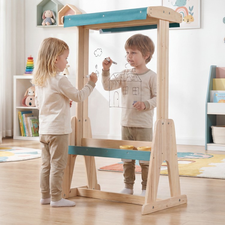 Wooden art easel for kids featuring a transparent board and paper roll, ideal for creative play and outdoor painting.