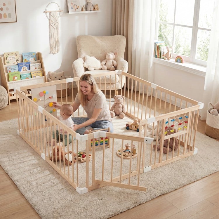 Wooden baby playpen in natural finish, featuring adjustable size, dual-opening door, and interactive toys for safe play.