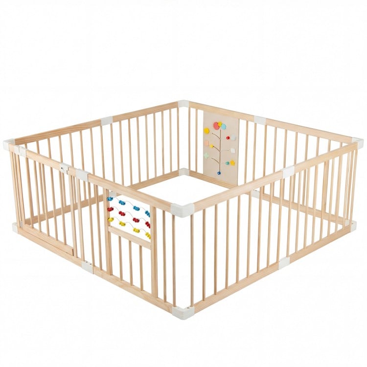 Wooden baby playpen with adjustable size, solid pine wood, and interactive toys for safe infant playtime.