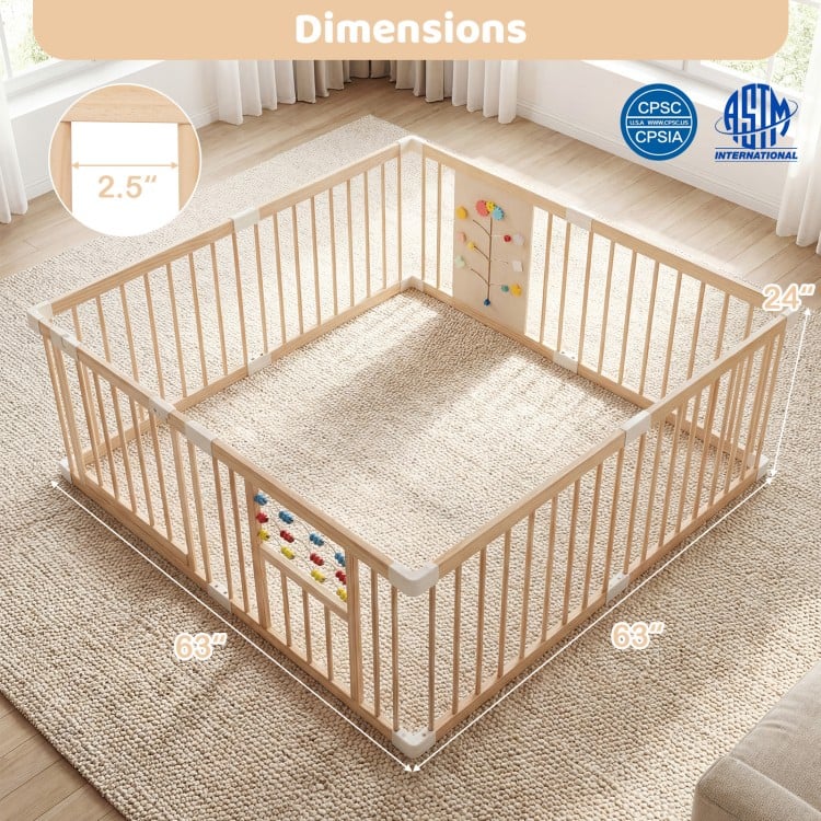 Large wooden baby playpen with adjustable size, natural pine construction, and interactive toys for safe playtime.