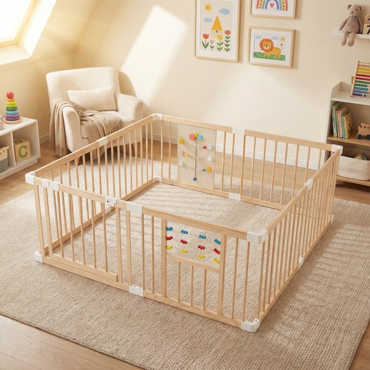 Wooden baby playpen with adjustable size, natural pine wood, and interactive toys for safe infant playtime.