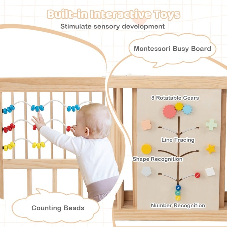 Wooden baby playpen with interactive toys, including counting beads and gears, for safe and engaging playtime.