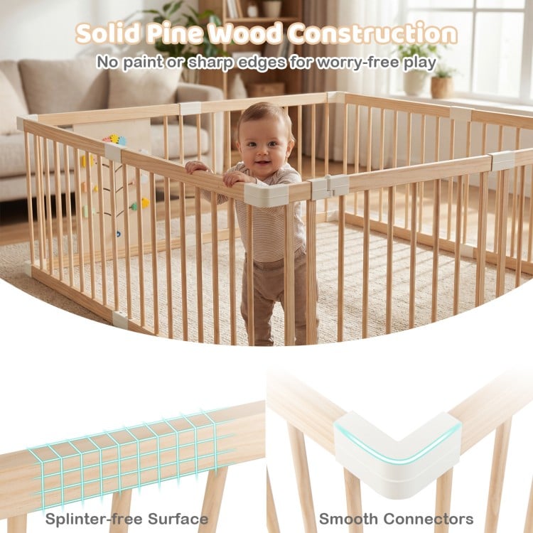 Wooden baby playpen with solid pine construction and smooth edges, designed for safe and adjustable playtime.