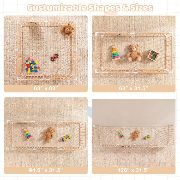 Adjustable wooden baby playpen in various sizes, featuring solid pine construction and interactive toys for safe.