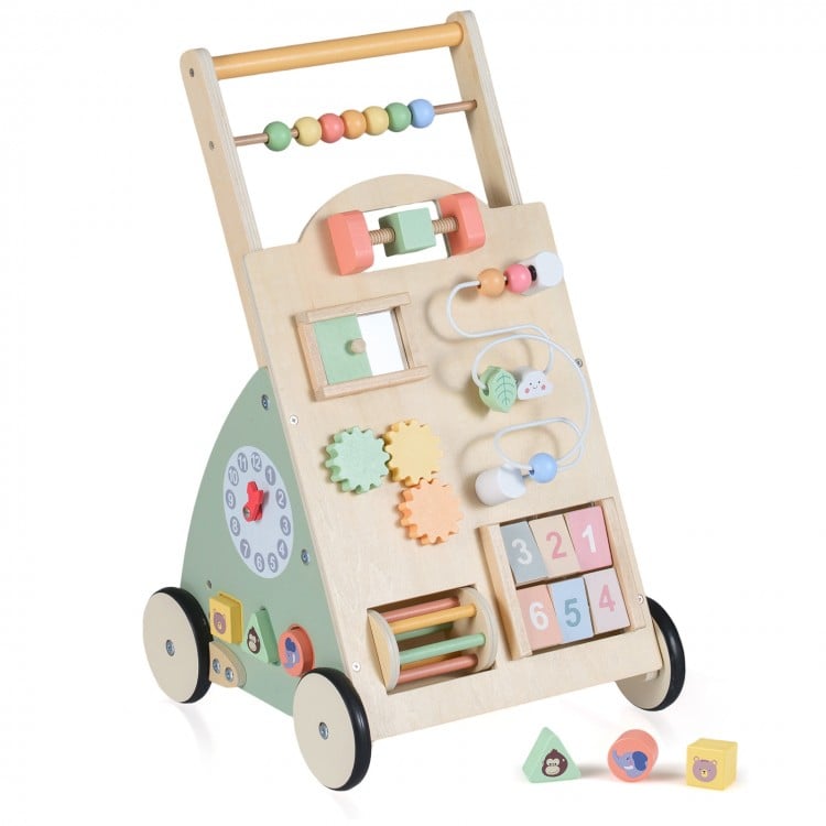Wooden baby walker with wheels, featuring 10 games, sturdy handle, and storage basket for engaging play and motor skill.