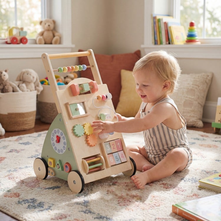 Wooden baby walker with wheels and storage basket, featuring engaging games for motor skill development and stability.