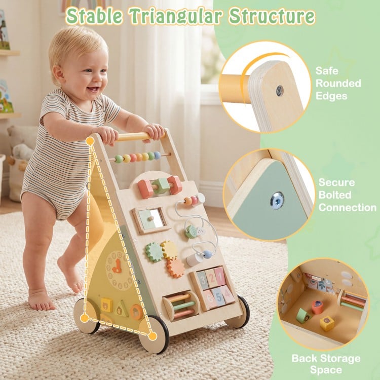 Wooden baby walker with wheels featuring a stable triangular structure, engaging games, and back storage space for.