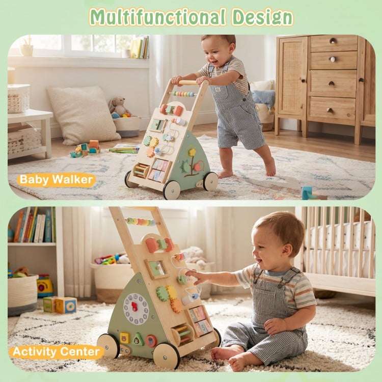 Wooden baby walker with wheels and storage basket, featuring 10 games for motor skill development and safety for.