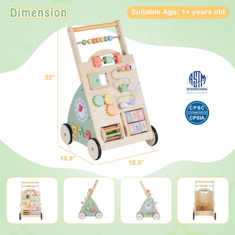 Wooden baby walker with wheels, storage basket, and 10 games for motor skill development, suitable for ages 1 and up.