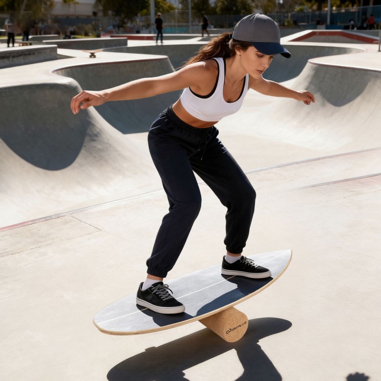 Wooden balancing board with cork roller, enhancing balance and core strength, ideal for indoor or outdoor exercise.
