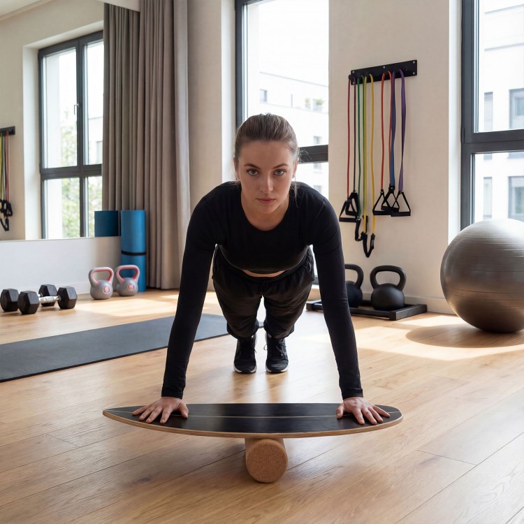 Wooden balancing board with cork roller in use, promoting balance and coordination for indoor fitness activities.