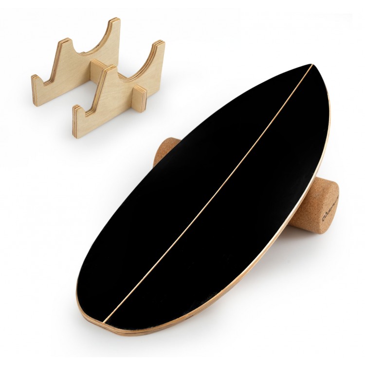 Black wooden balancing board with cork roller and storage rack, ideal for enhancing balance and core strength.