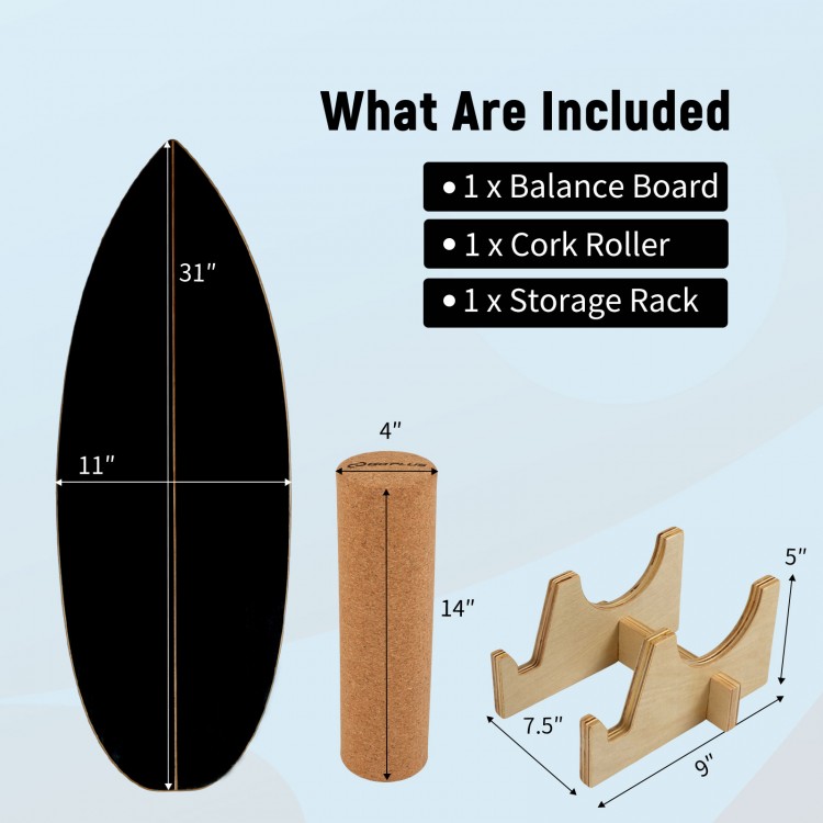 Wooden balancing board set including a black 31" board, cork roller, and storage rack for enhancing balance and.