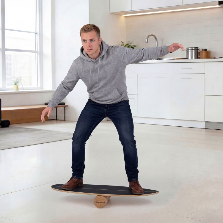 Wooden balancing board with cork roller, designed for enhancing balance and core strength, ideal for indoor exercise.