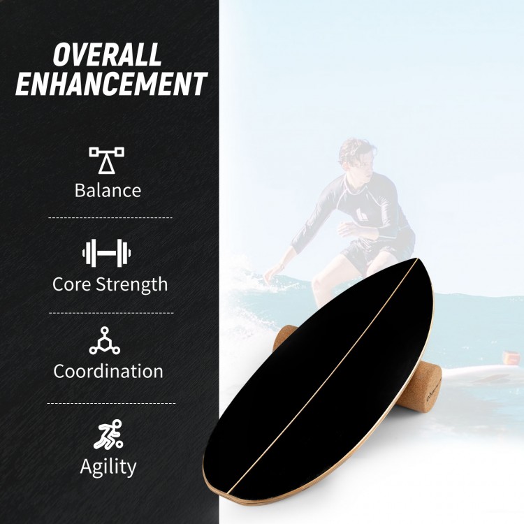 Wooden balancing board with cork roller for enhancing balance and core strength, suitable for various sports and.