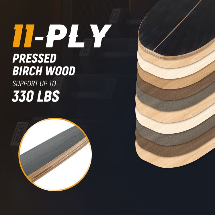 Wooden balancing board made from 11-ply pressed birch wood, supports 330 lbs, ideal for enhancing balance and.