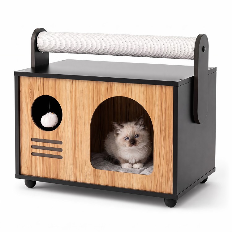 Wooden cat house with scratching post, featuring a cozy hideaway and removable cushion for interactive fun and comfort.