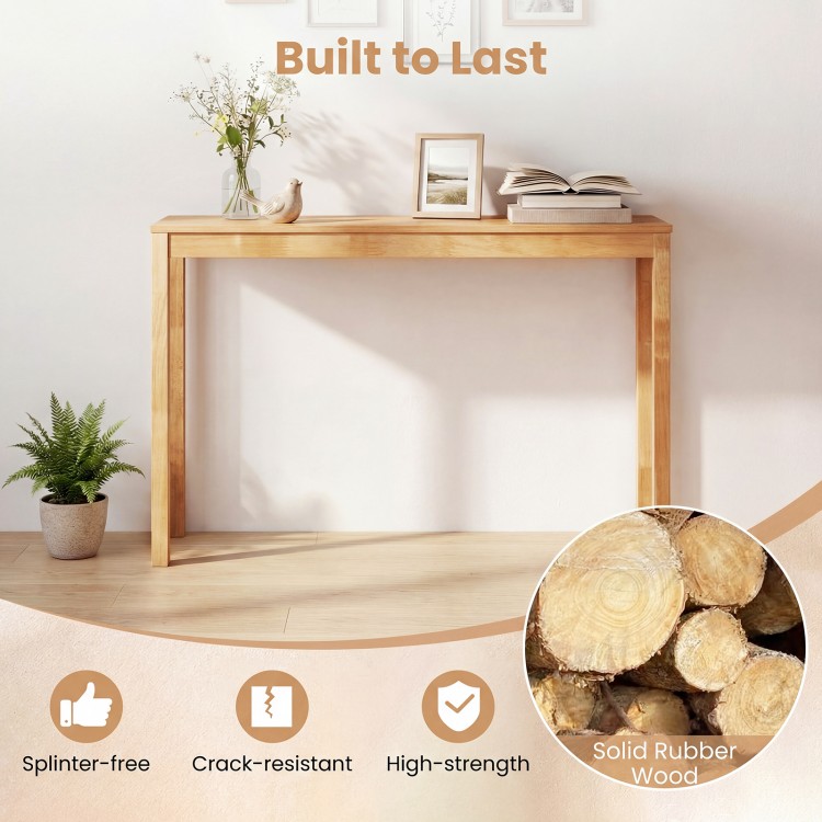 Modern farmhouse wooden console table made of solid rubber wood, featuring a thickened top for durability and narrow.