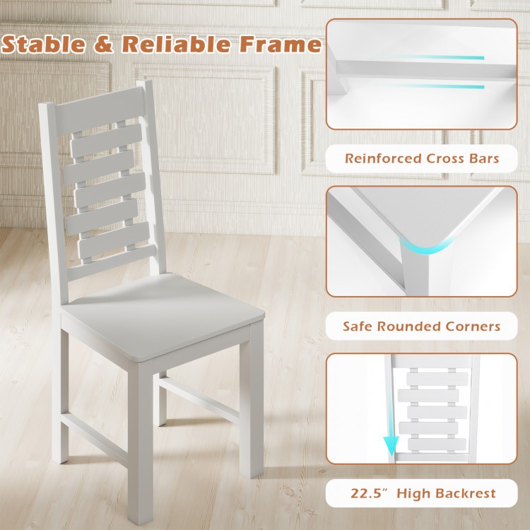 White wooden dining chair with reinforced crossbars, 22.5" high back, ideal for dining rooms and cafes.