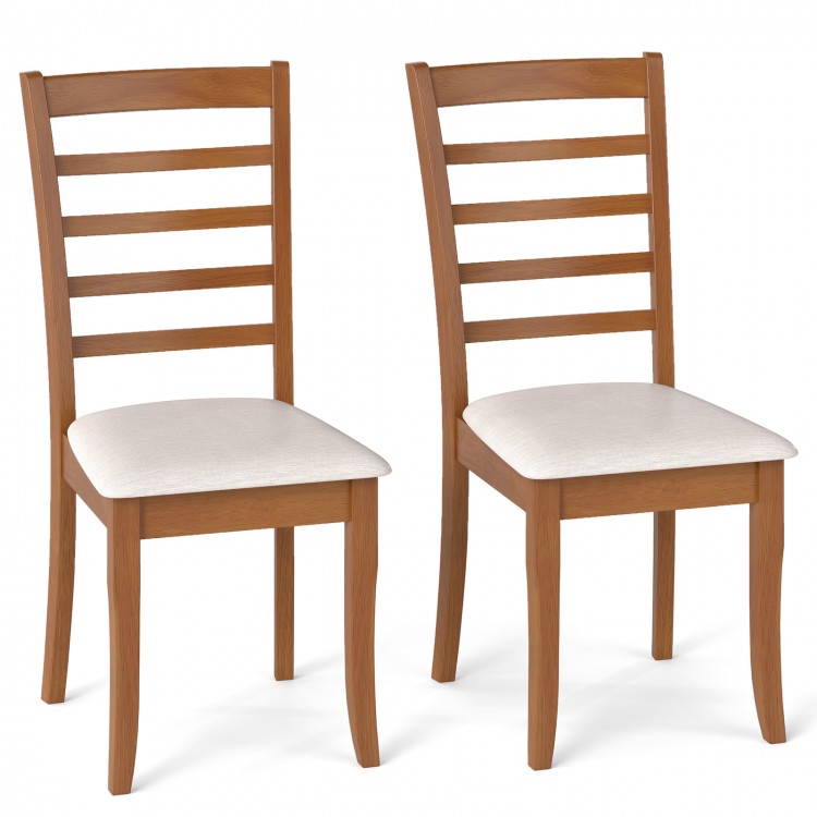 Set of 2 wooden dining chairs with beige upholstered seats and slatted backrest for versatile kitchen or dining use.