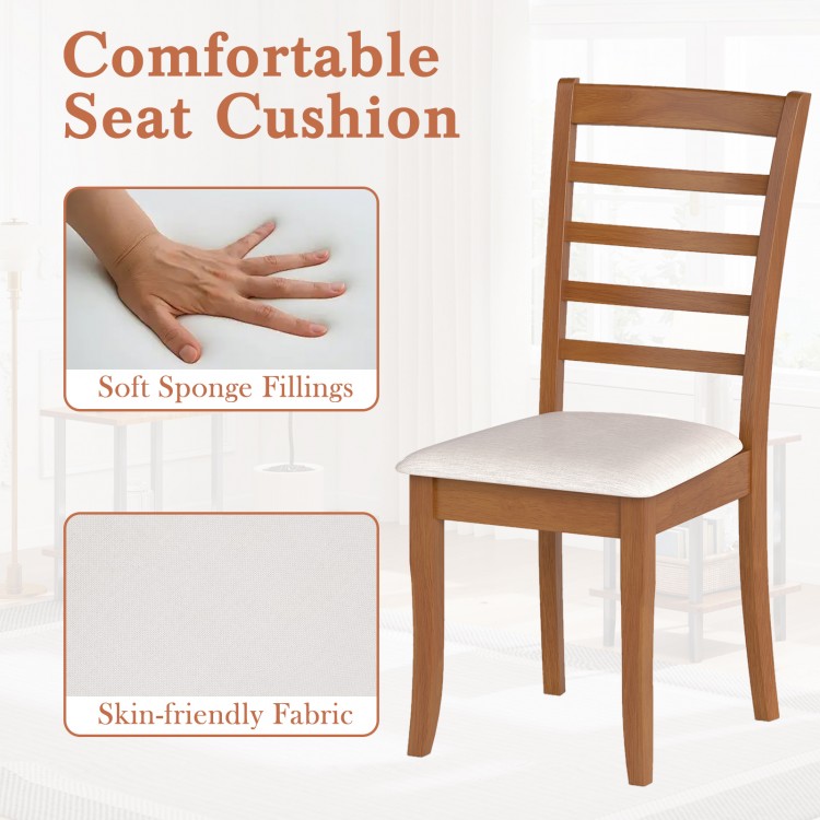 Wooden dining chair with beige upholstered seat, featuring a slatted backrest and durable rubber wood frame for.