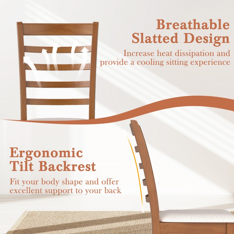 Wooden dining chair with ergonomic tilt backrest and breathable slatted design for comfortable seating in modern spaces.