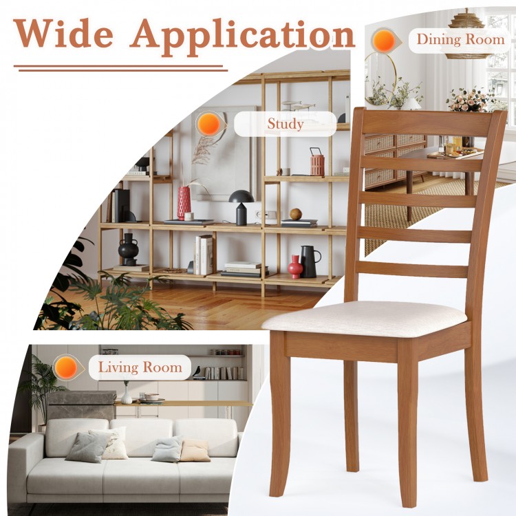 Wooden dining chair with beige upholstery, featuring a slatted backrest and rubber wood frame, ideal for versatile home.