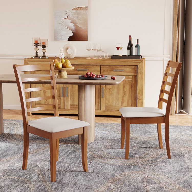 Wooden dining chair set of 2 with beige upholstery and slatted design, perfect for dining areas or living rooms.