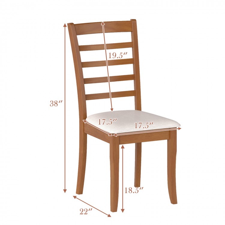Wooden dining chair with slatted backrest, upholstered in beige polyester, ideal for kitchen or dining areas.