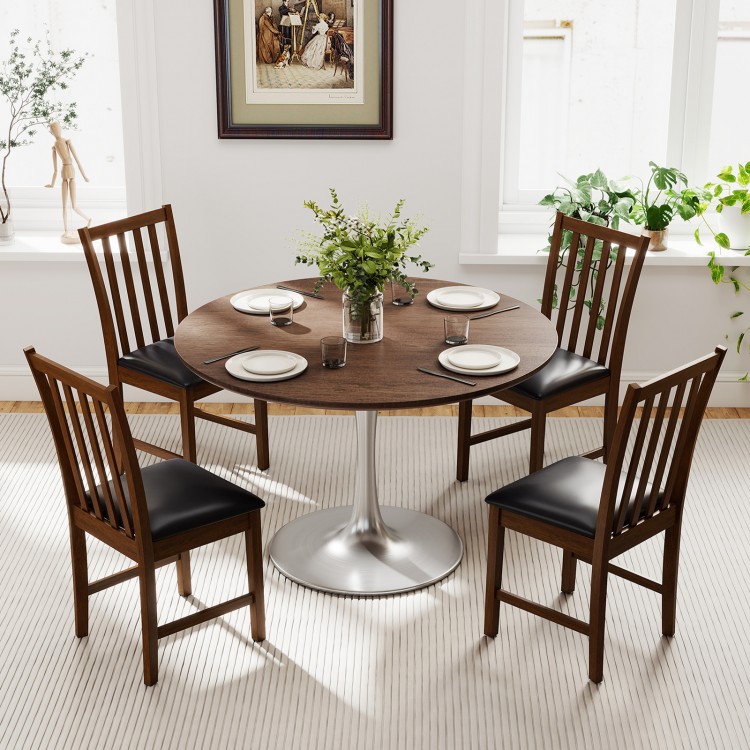 Round dining table set featuring a wooden table and two brown rubber wood chairs with padded seats for comfortable.