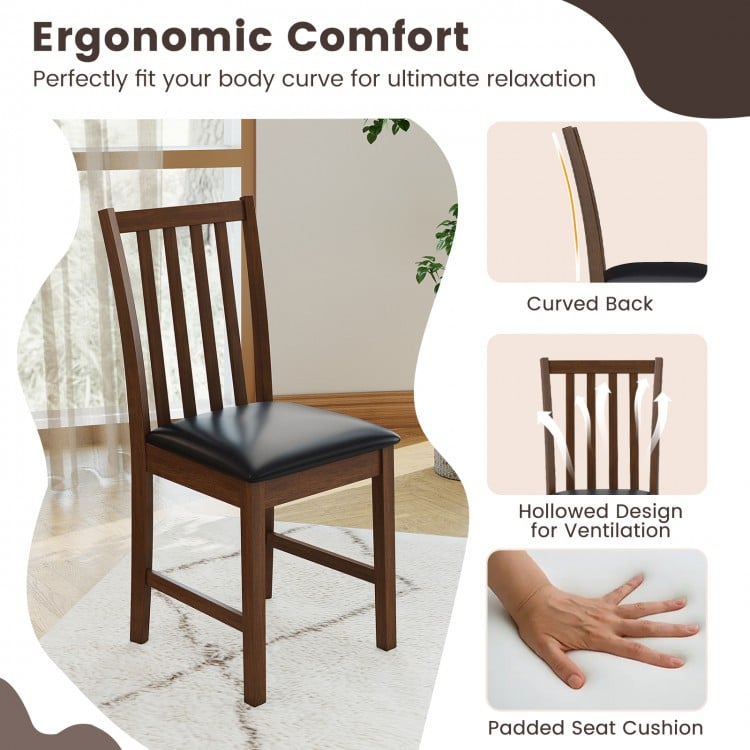 Wooden dining chair with ergonomic curved back, padded seat cushion, and hollowed design for ventilation in deep brown.