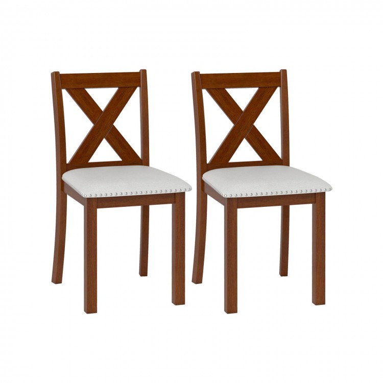 Set of 2 wooden dining chairs with padded beige seats and X-shaped backs, perfect for elegant dining spaces.
