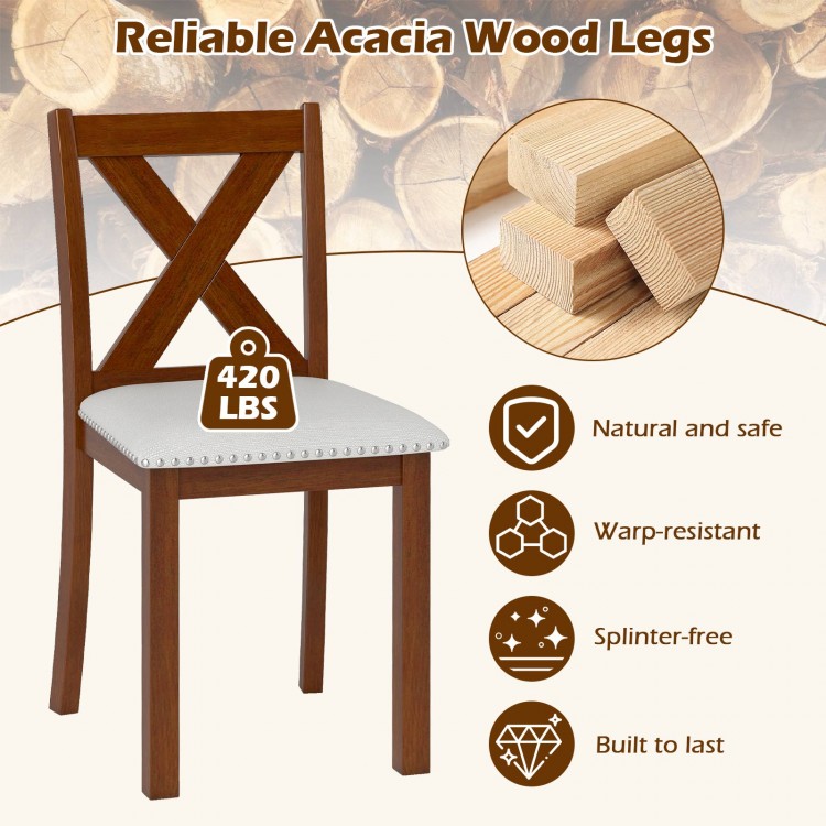 Wooden dining chair with padded seat, acacia wood legs, and X-shaped back, designed for comfort and style in dining.