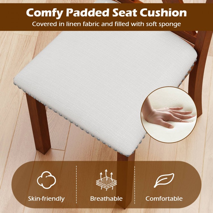 Padded seat cushion in beige linen fabric for wooden dining chair, offering comfort and breathability during gatherings.
