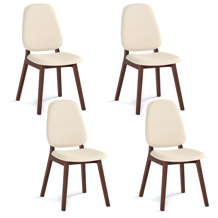 Set of four mid-century modern wooden dining chairs with upholstered seats in cream, perfect for dining or office use.
