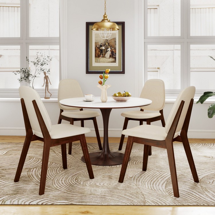 Mid-century modern wooden dining chair set featuring upholstered seats, brown rubber wood frames, ideal for dining.