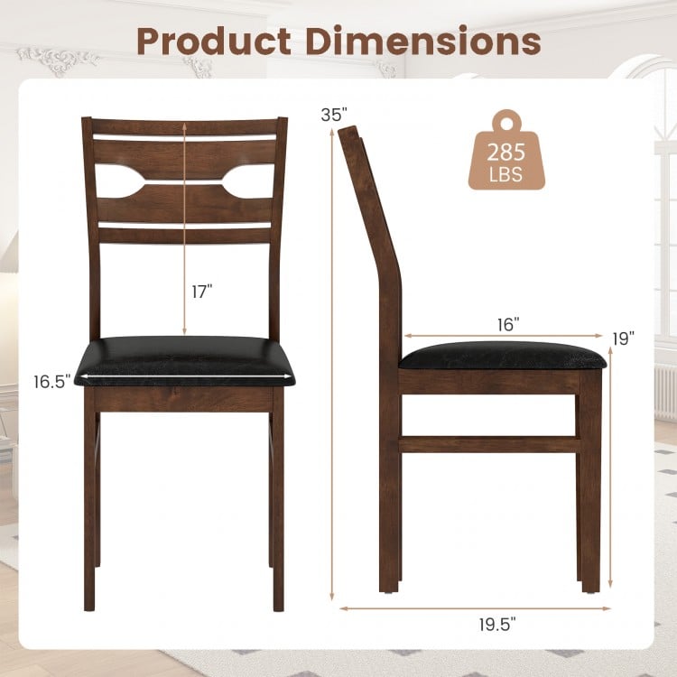 Wooden dining chair dimensions with PU leather padded seat, rubber wood frame, and deep brown finish for stylish.