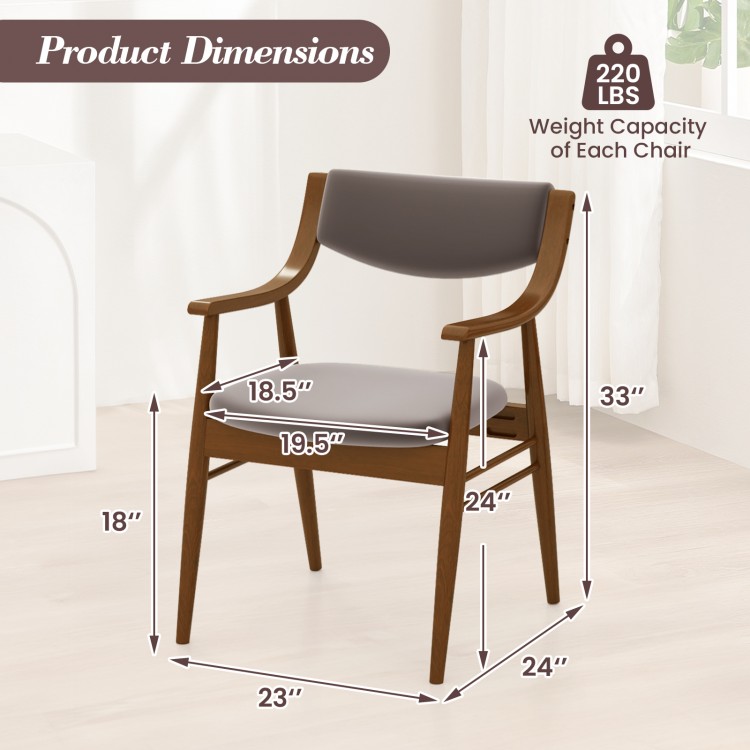 Wooden dining chair with padded seat and back in walnut finish, featuring ergonomic armrests and dimensions for comfort.
