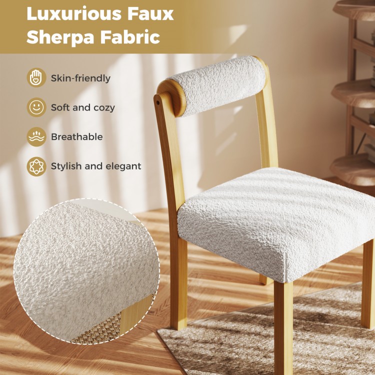 Wooden dining chair with rubber wood frame, white faux sherpa upholstery, stylish and cozy for dining areas.