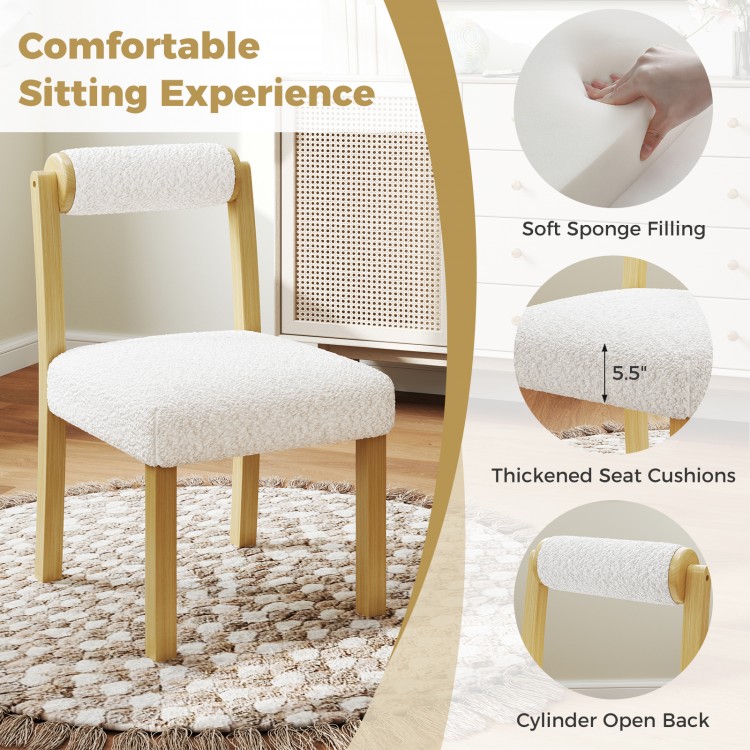 Wooden dining chair with rubber wood frame, white faux sherpa upholstery, and thickened seat cushions for comfort.