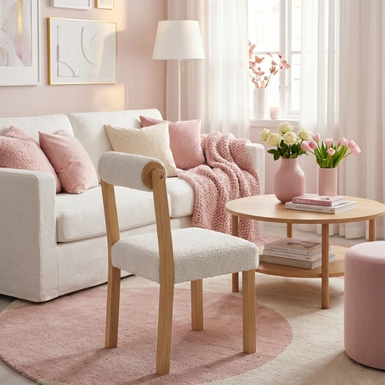 Wooden dining chair with rubber wood frame and white faux sherpa upholstery, perfect for stylish dining areas.