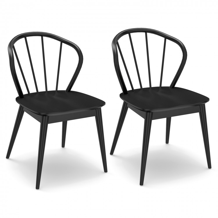 Set of 2 black wooden dining chairs with high spindle backs and wide seats, perfect for dining rooms or cafes.
