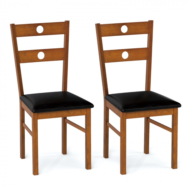 Set of 2 wooden dining chairs with hollowed backrest, brown rubber wood, and waterproof PU leather seats for versatile.