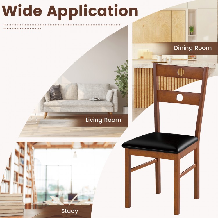 Brown wooden dining chair with hollowed backrest, upholstered seat, ideal for kitchens and dining rooms.