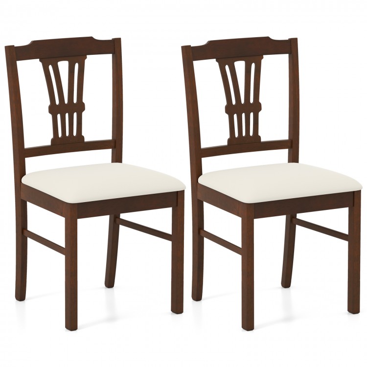 Set of 2 wooden dining chairs with solid rubber wood frame and beige upholstered seats, ideal for kitchen or dining.
