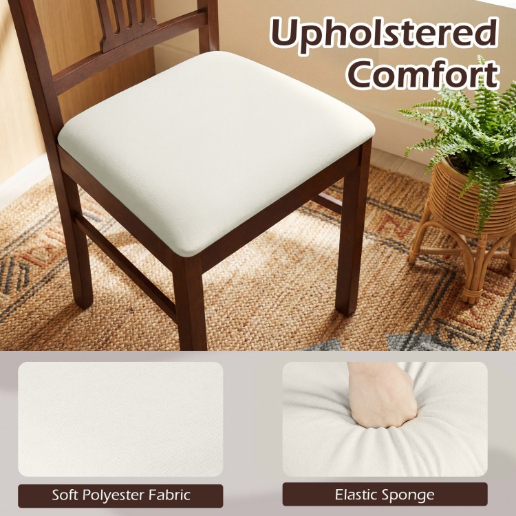 Beige upholstered dining chair showcasing soft polyester fabric and elastic sponge padding, ideal for kitchen or dining.
