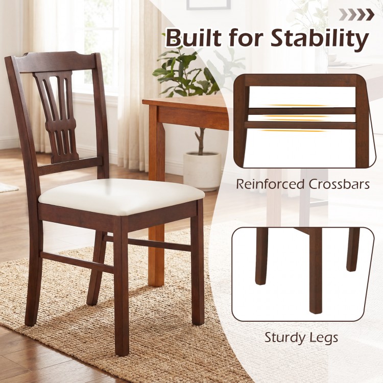 Wooden dining chair with reinforced crossbars, solid rubber wood frame, and beige upholstered seat for kitchen use.