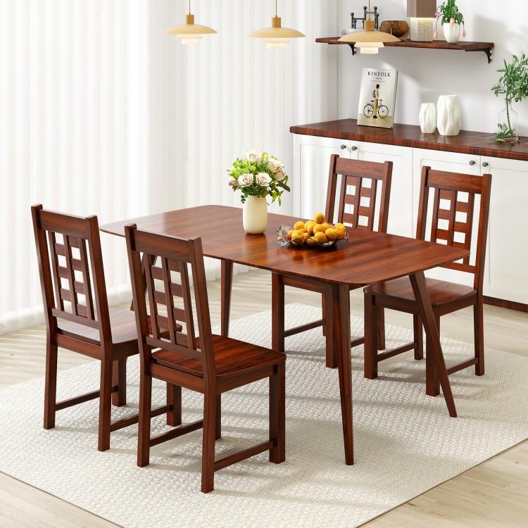 Wooden dining table set featuring solid rubber wood chairs in walnut finish, ideal for dining rooms and kitchens.