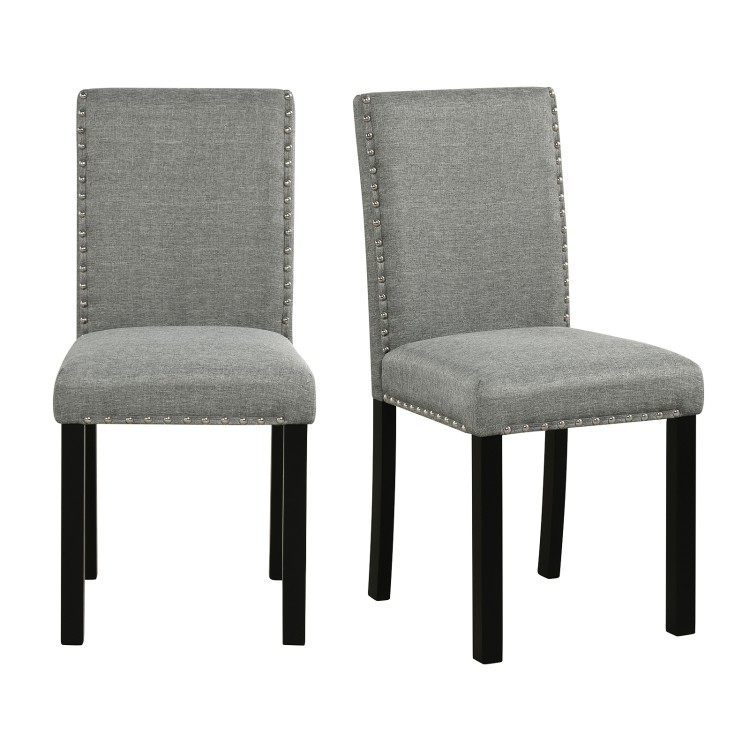 Set of 2 wooden dining chairs with gray fabric, nailhead trim, and bent wood legs for stylish seating in any space.