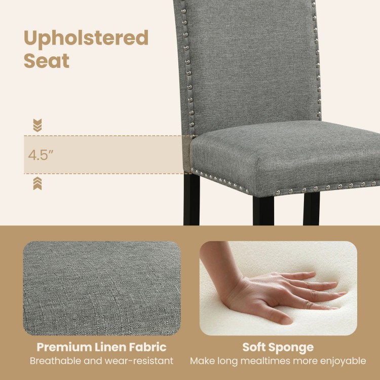 Upholstered seat detail of a wooden dining chair set, featuring breathable linen fabric and soft 4.5" cushions for.